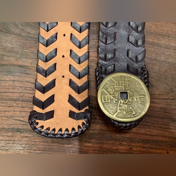 Y2K Leather Belt Brown Coin Buckle whip stitching design Wide Belt Boho Belt main image 7